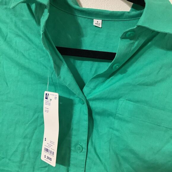 NWT GU Retro Minimalist Clean Girl Green Linen Blend Cropped Button Up Top Small - Picture 3 of 11